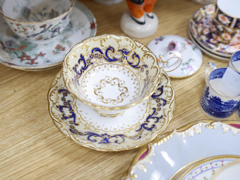 An English part teaset, c.1825 and six Royal Crown Derby coffee cans and saucers etc. Condition - some items cracked chipped and losses to gilding, teapot cover finial broken